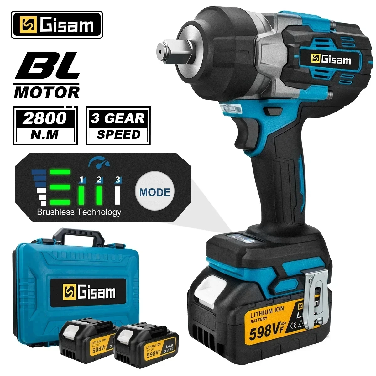 2800 Nm Brushless Cordless Impact Wrench - 1/2 Inch Drive (18V Compatible)