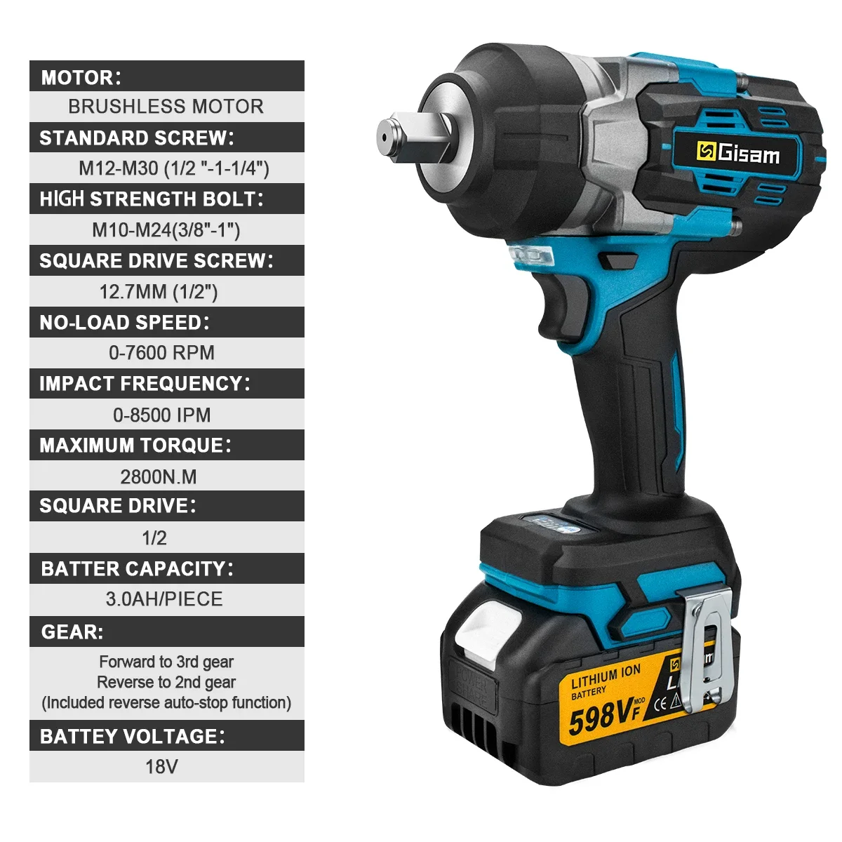 2800 Nm Brushless Cordless Impact Wrench - 1/2 Inch Drive (18V Compatible) - view 3