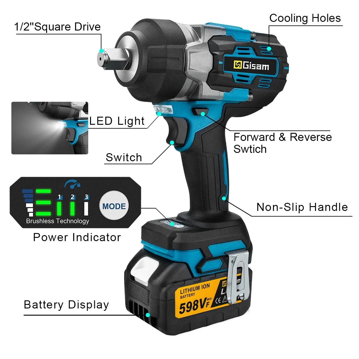 2800 Nm Brushless Cordless Impact Wrench - 1/2 Inch Drive (18V Compatible) - view 4