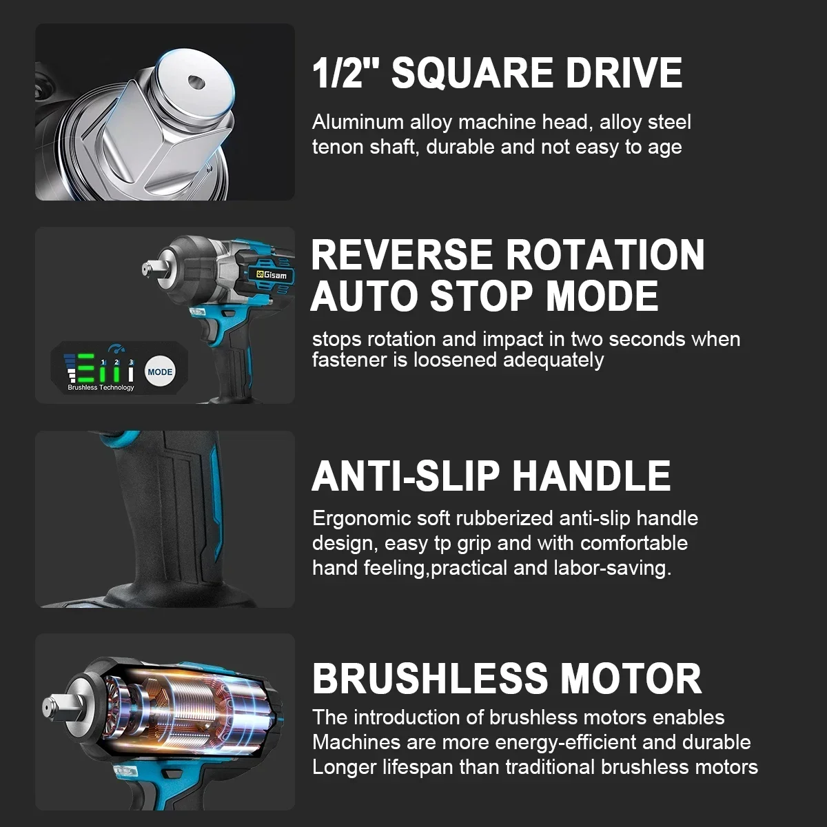 2800 Nm Brushless Cordless Impact Wrench - 1/2 Inch Drive (18V Compatible) - view 5